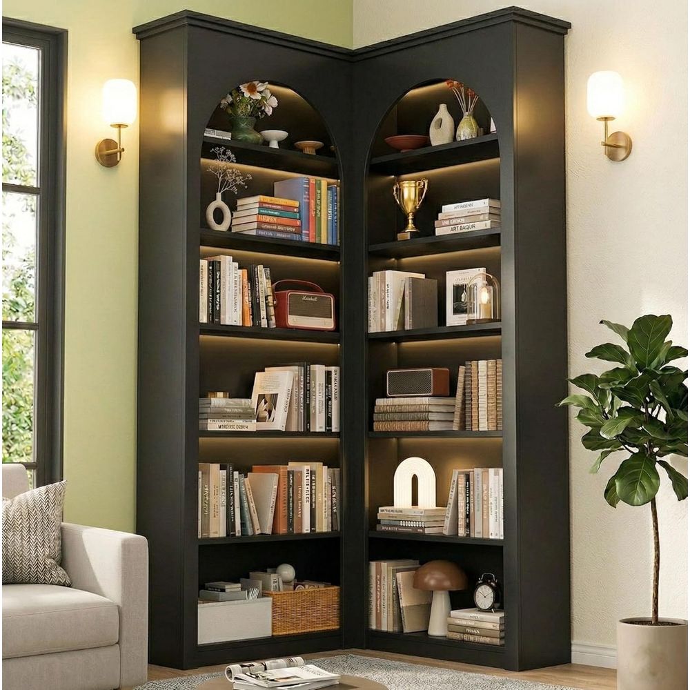 Home Office Industrial Design - 6-Tier L-Shaped Bookcase with Arched Design,