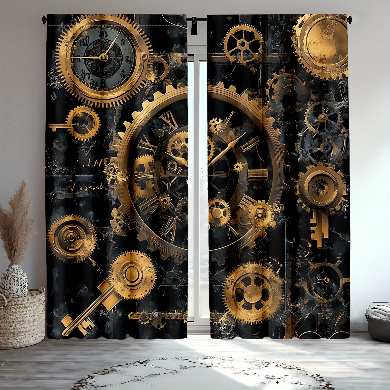 Home Office Industrial Design - 2pcs Steampunk Vintage Art Curtains -