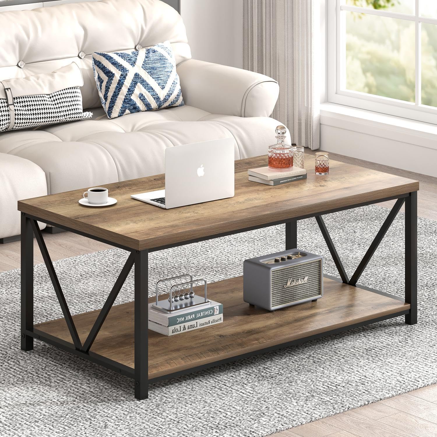 Home Office Industrial Design - Coffee Table with Storage Shelf, Industrial-Style