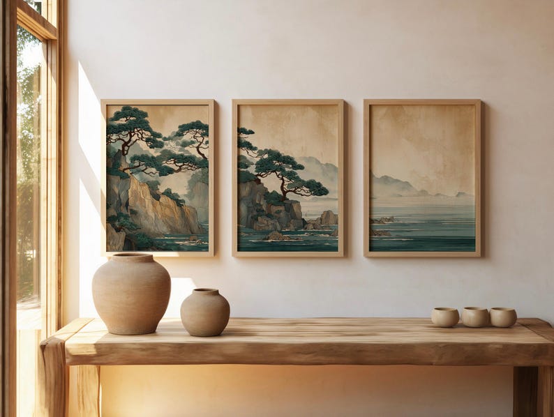 3pcs Retro Japanese Cliff & Oc - Home Office Japandi 리뷰 및 가격