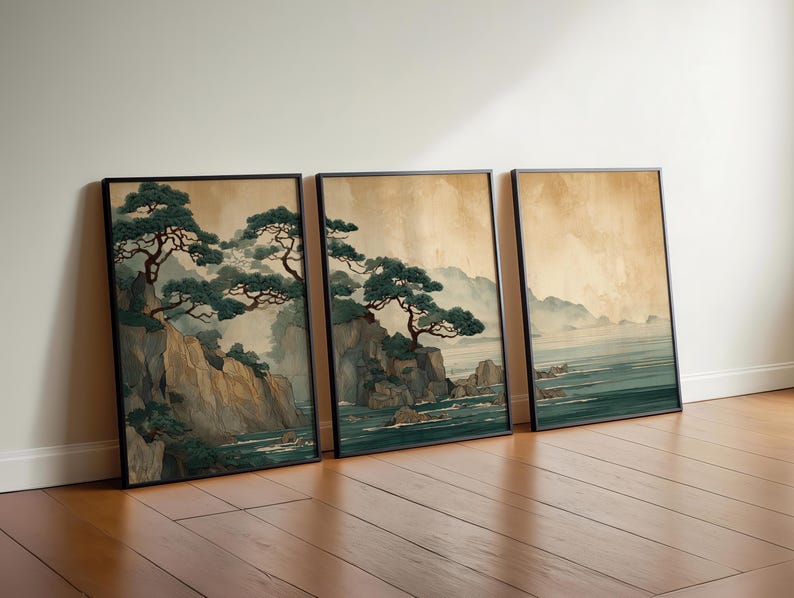 3pcs Retro Japanese Cliff & Oc - Home Office Japandi 리뷰 및 가격